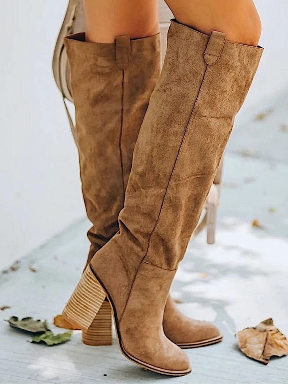 Mi.iM knee high Saint Suede Block Heel Boots in Camel